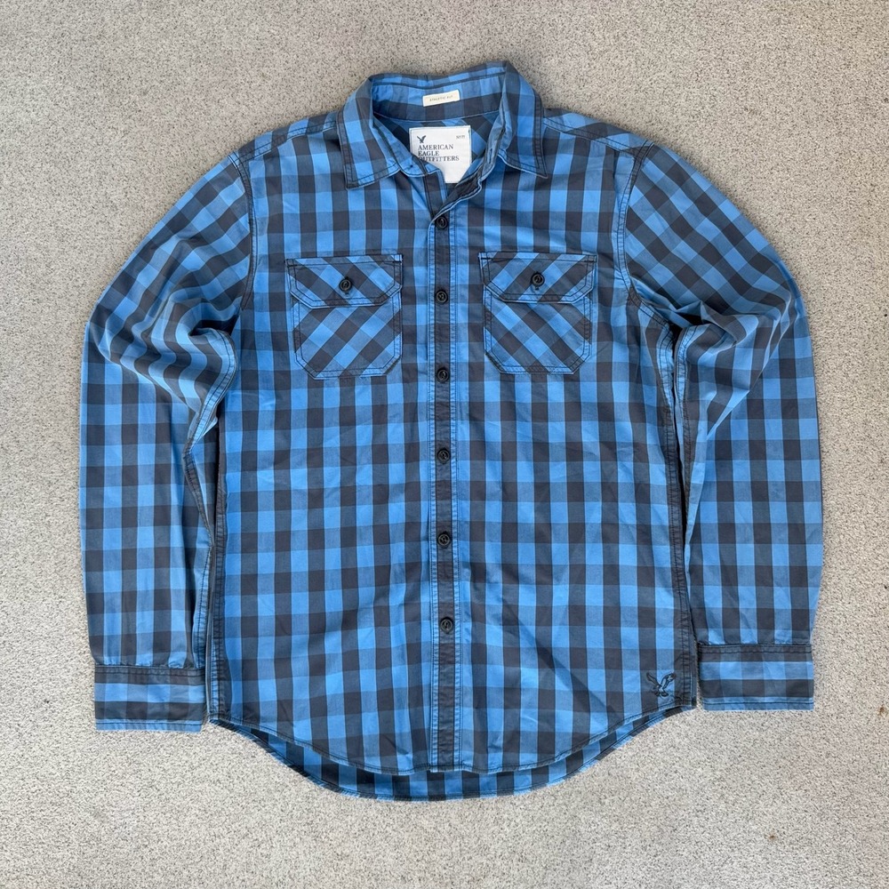 American Eagle Athletic Fit S Shirt Mens Blue Gingham Check Long Sleeve Pocket